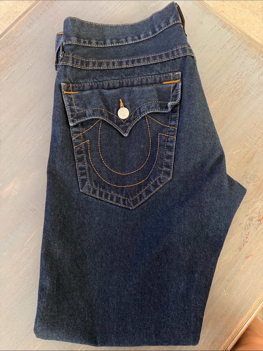 True Religion Dark Blue Straight Leg Jeans with Contrast Stitching